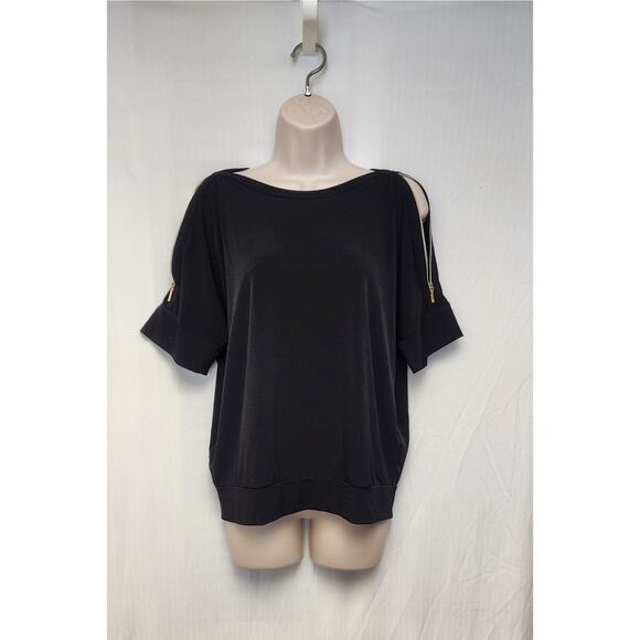 Chico’s Round Neck Knit Black Top Gold Zipper Short Sleeve Top Blouse Sz 1 (M-8) - Picture 2 of 9
